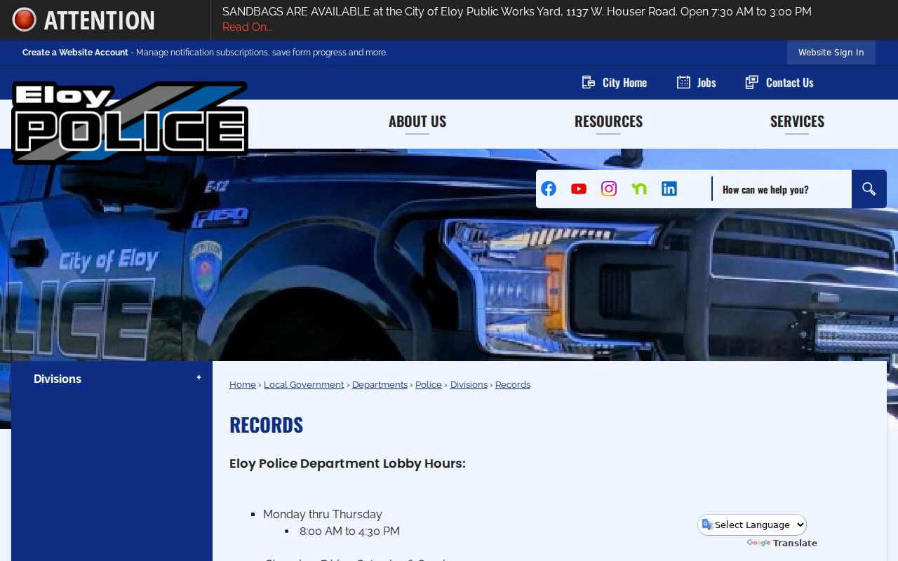 Eloy Police Records request options for warrant-related records