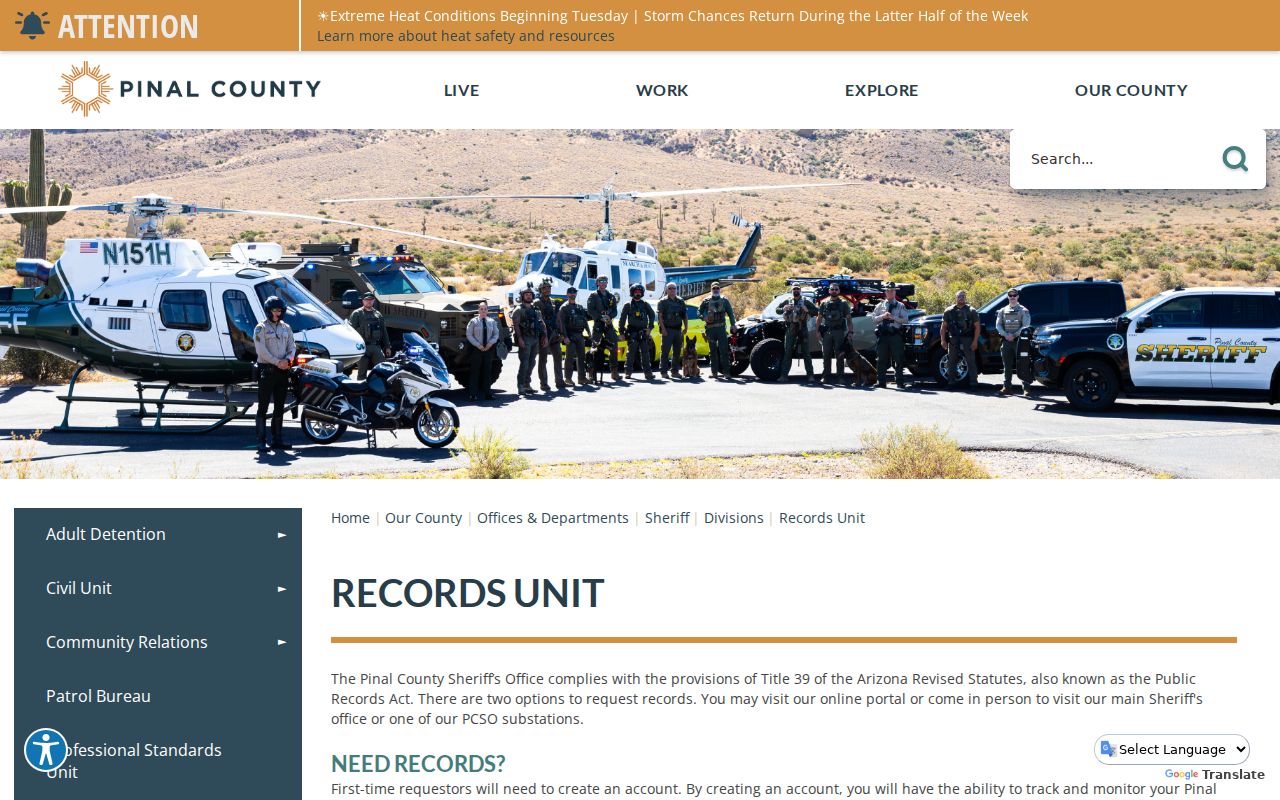 Pinal County warrant-related public records route at the PCSO Records Unit