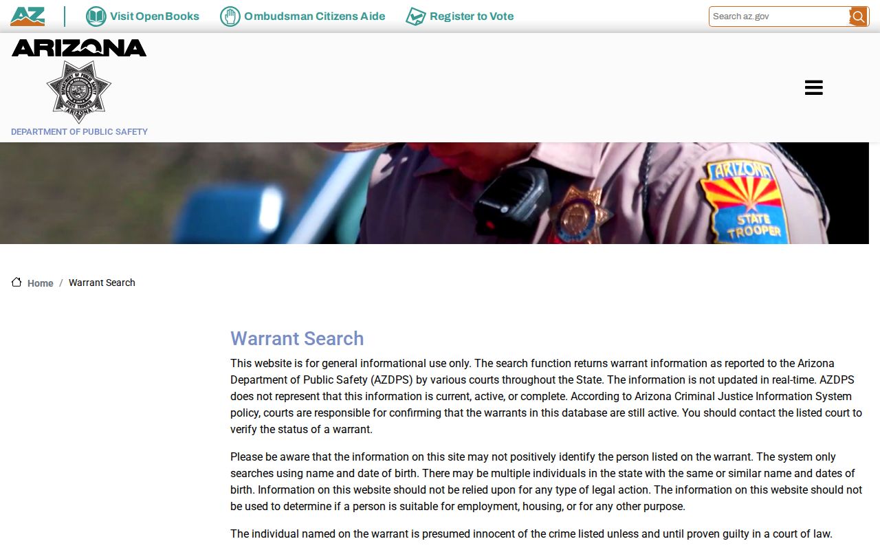 Pinal County warrant search fields on the Arizona DPS form